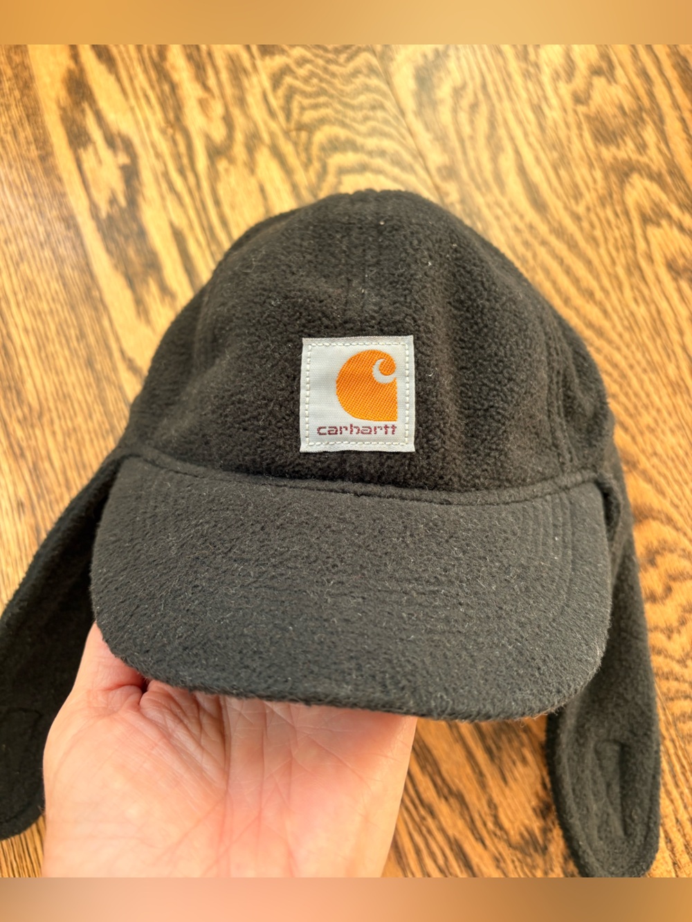 Carhartt Black Fleece Earflap Beanie with Orange Logo Patch